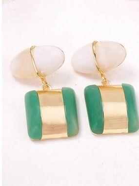Gold and Green Drop Earrings with Cream Tops